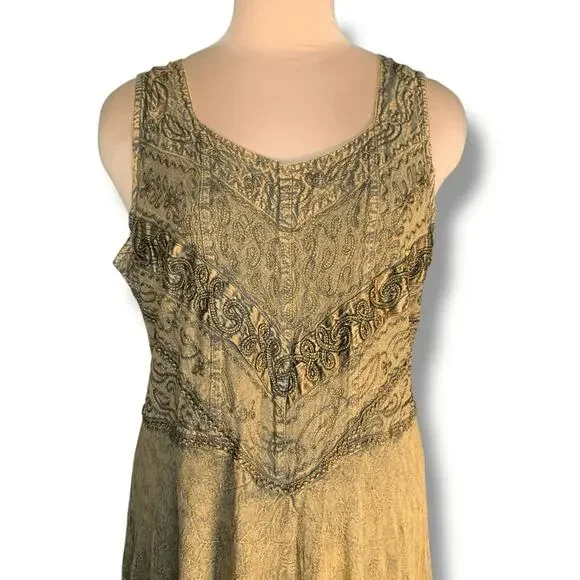 Vintage 90s Brown Boho Embroidered Crinkle Maxi Sleeveless Sundress Plus Size 1X - Picture 6 of 11
